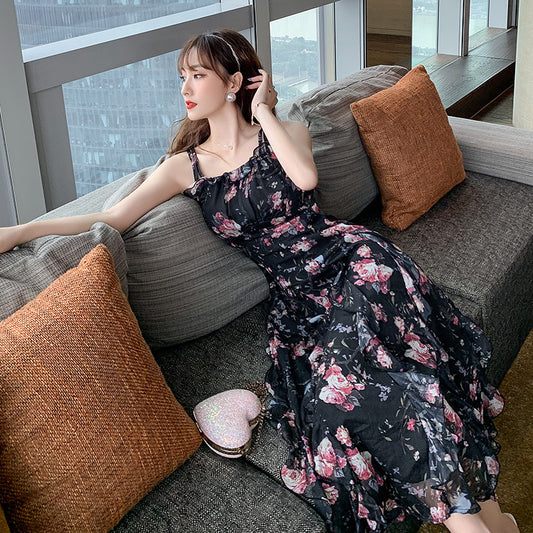 Printed A-line Skirt Summer New Product Temperament Was Thin Suspender Skirt