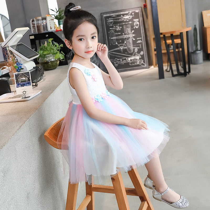 Western Style Flower Stitching Rainbow Mesh Skirt Girls Dress