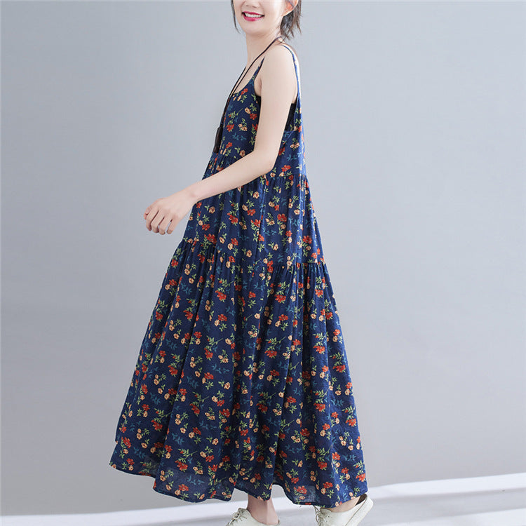 Floral Print Loose Cotton Hemp Show Slim Skirt Women''s Wear