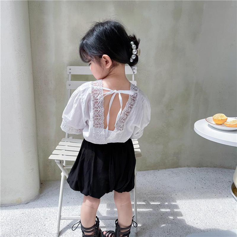 Girls Summer V-neck Back Lace Hollow Lace Puff Sleeve Short Sleeve Baby Shirt Pumpkin Shorts Two-piece Set
