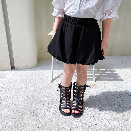 Girls Summer V-neck Back Lace Hollow Lace Puff Sleeve Short Sleeve Baby Shirt Pumpkin Shorts Two-piece Set