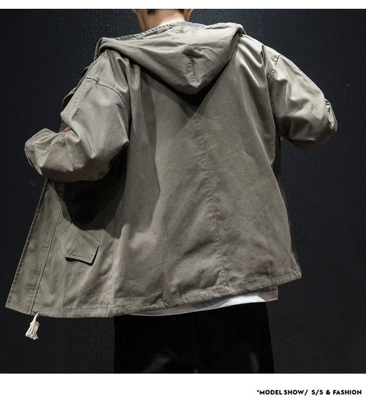 Men's plus size loose hooded drawstring jacket