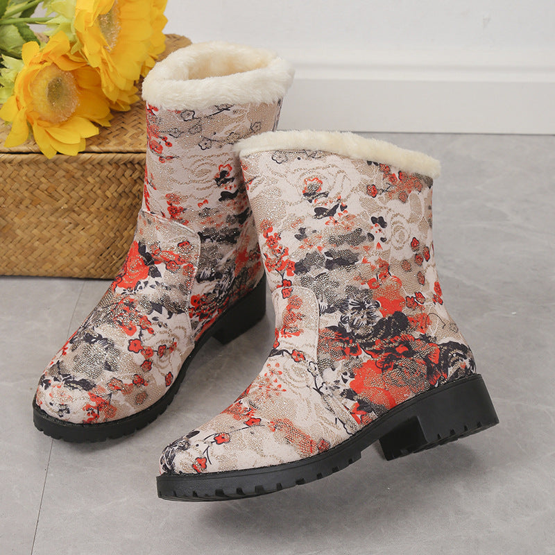 Fashion Flowers Print Ankle Boots With Plush Winter Warm Platform Shoes Women Lightweight Plus Velvet Ankle Boots