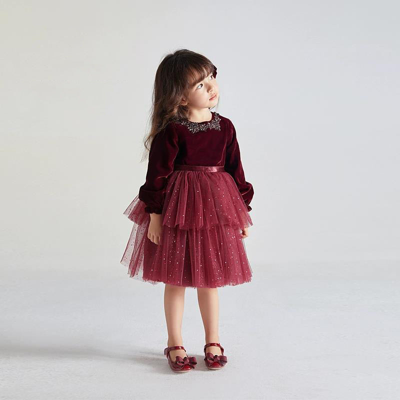 European And American Long-sleeved Velvet Little Girl Fashionable Dress