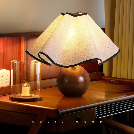 Retro Solid Wood Table Lamp Walnut Creative Petal Bedroom