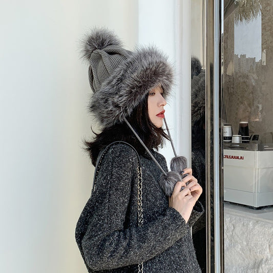 All-match Cute Woolen Knitted Ear Caps Plus Velvet Thick Winter Lei Feng Hat