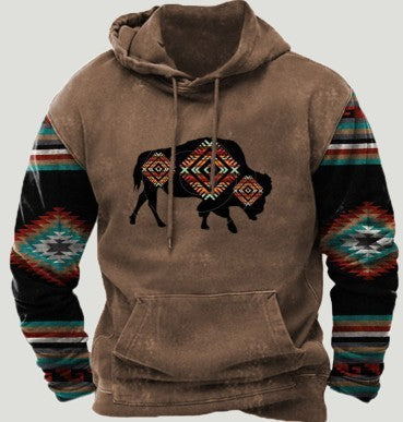 Native buffalo Printed winter Hoodie Men's fashion