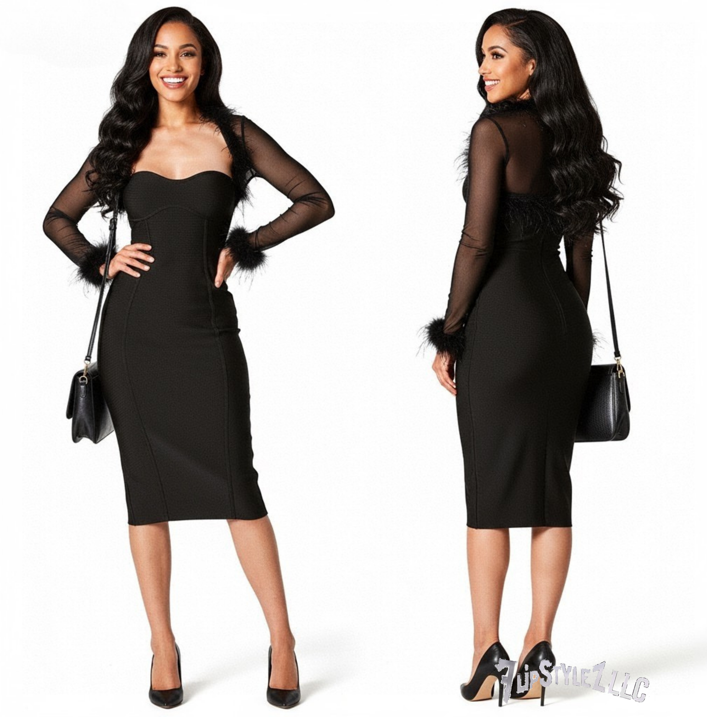 New sexy BLACK evening Feather Patchwork Waist-slimming Slimming Dress night club dress