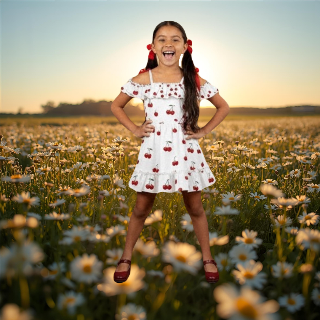New white on RED adorable pretty print Floral Summer Little Girl Dress