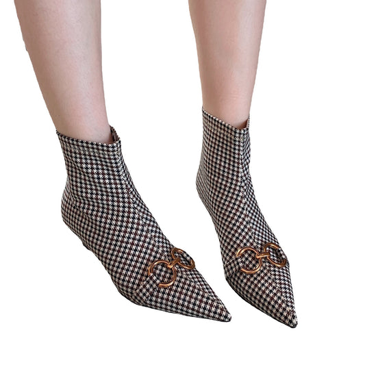 Side Zipper Small Heel Houndstooth Fashion Boots
