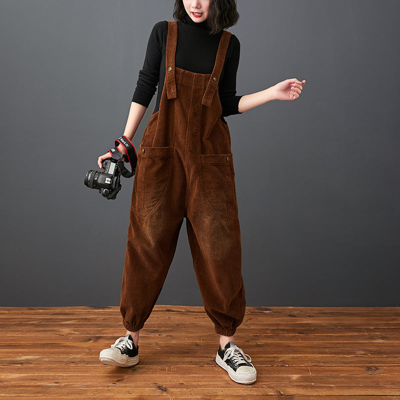 Corduroy Large Pocket Age Reduction Plus Size Overalls