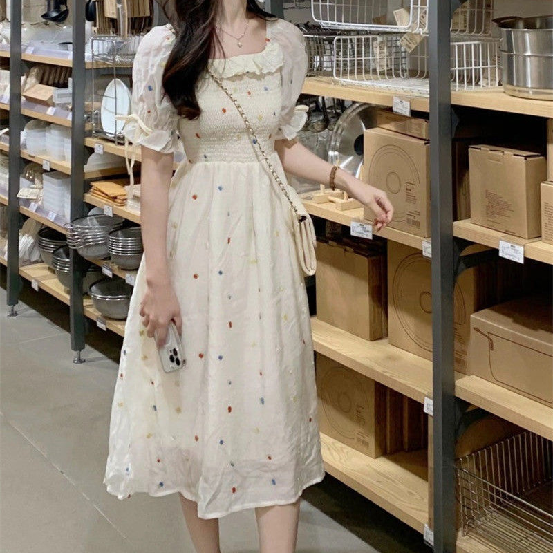 Women's Square Neck Crushed Flower Waist Dress
