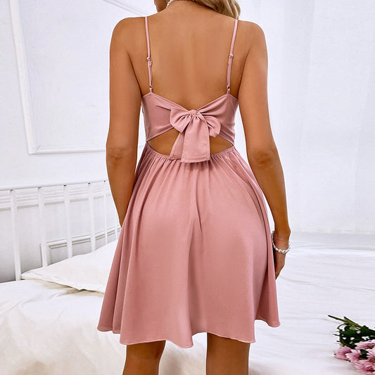 High Waist Lace Back Bow Sling Dress