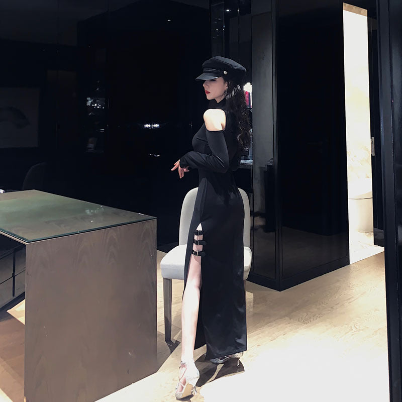 Sexy off-the-shoulder long-sleeved slim-fitting slim high split dress dark girl long cheongsam