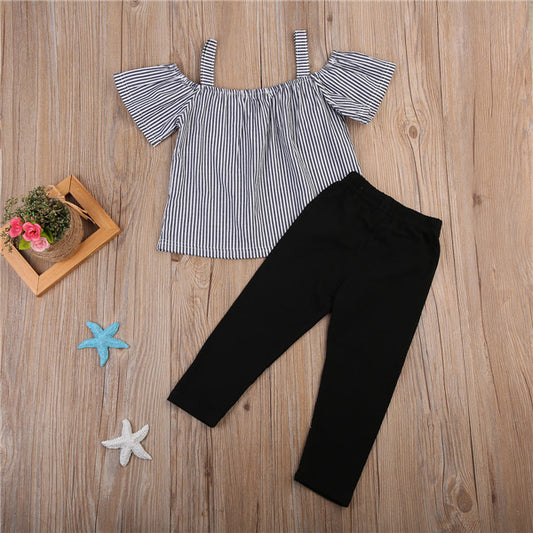 Shelby Top & Pants Set Summer Short-sleeved Sling Strapless Striped Shirt Trousers Two-piece Children's Suit
