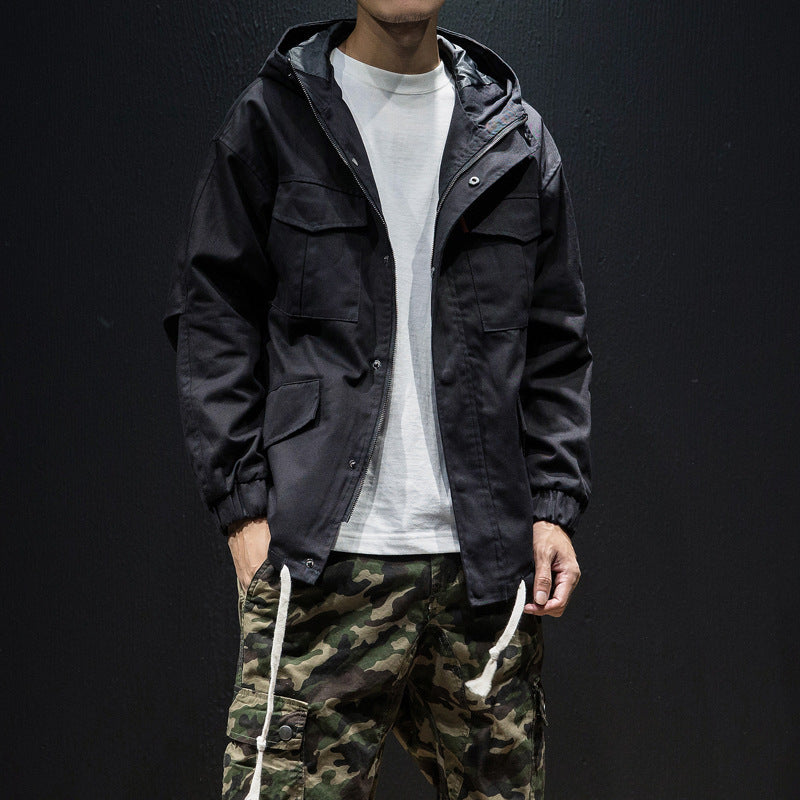 Men's plus size loose hooded drawstring jacket
