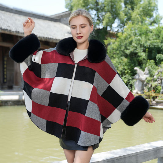 Fashion Autumn And Winter Imitation Fur Thickened Plaid Coat Knitted All-matching Fur Shawl