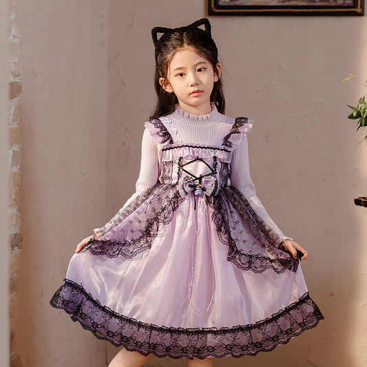 LITTLE Girls light purple silk with long sleeve with black lace trim ascent design dress