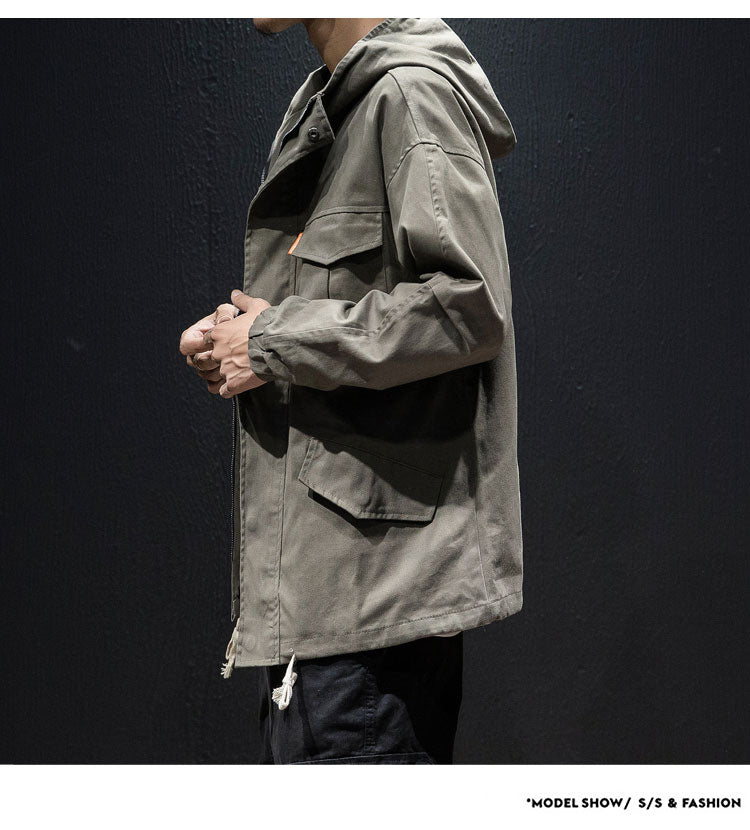 Men's plus size loose hooded drawstring jacket