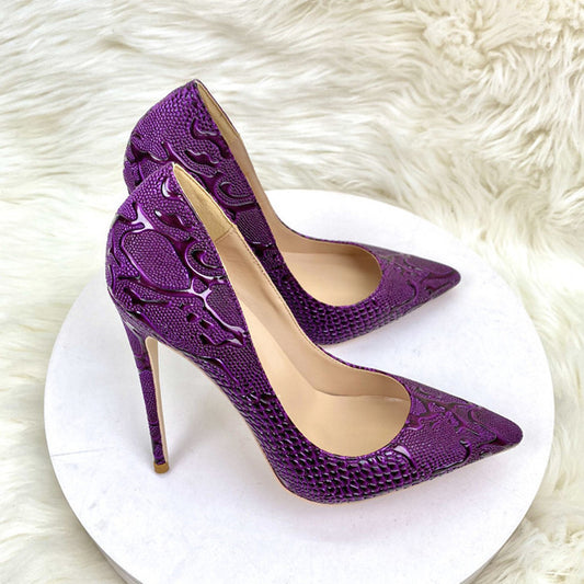 Beautiful purple embossed lace swirl design women's high heels