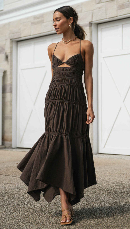 V Neck Back Strap Irregular Long Dress