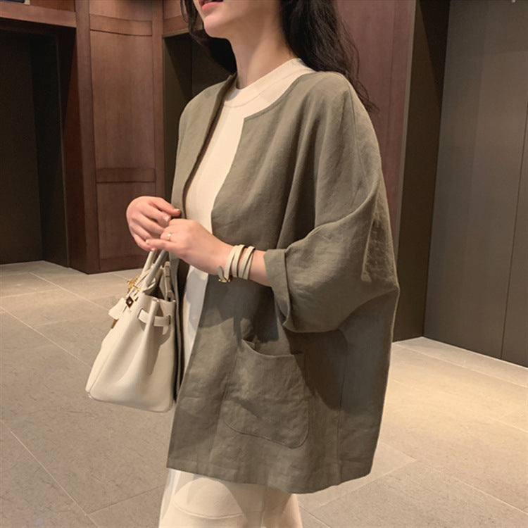 Women's Retro Plus Size Colorblock Simple Cotton Linen T-shirt