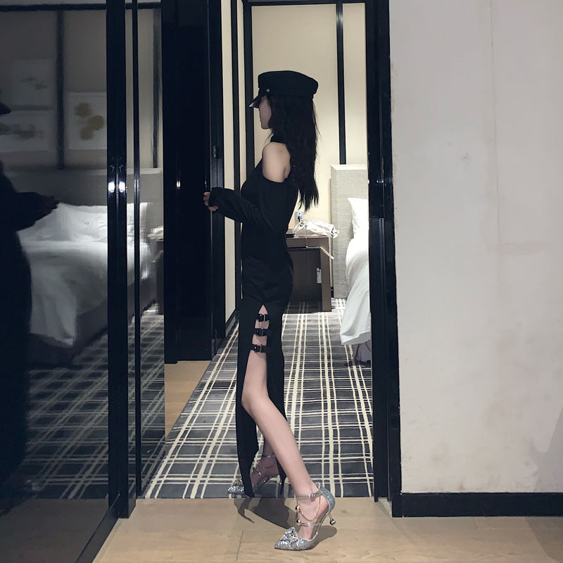 Sexy off-the-shoulder long-sleeved slim-fitting slim high split dress dark girl long cheongsam
