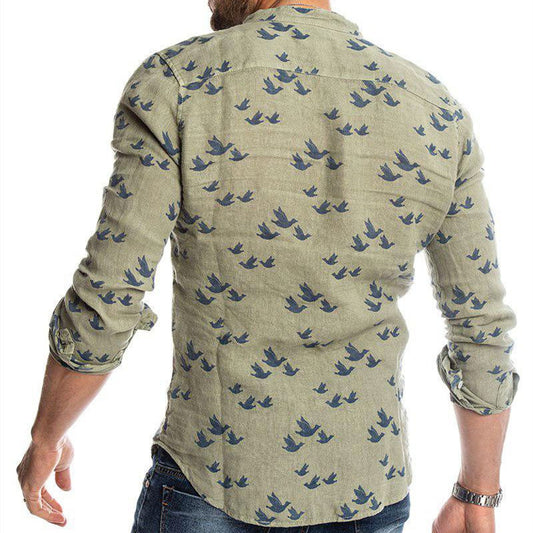 3D printed linen colorblock stand collar shirt