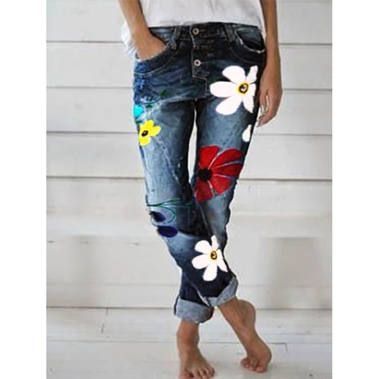 Printed denim trousers
