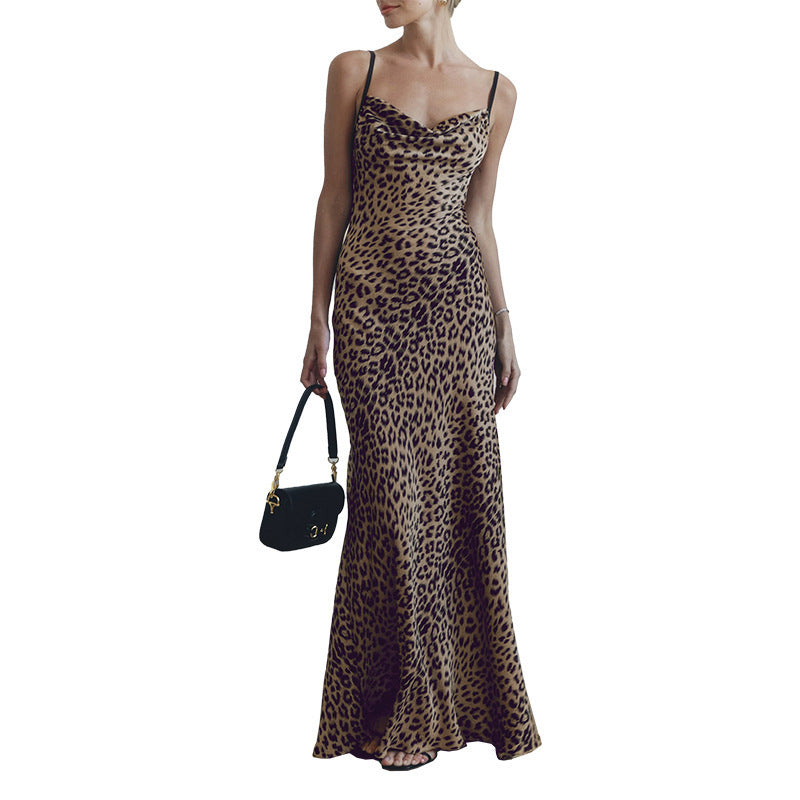 Vacation Style Hot Girl Slim Leopard Print Backless Dress