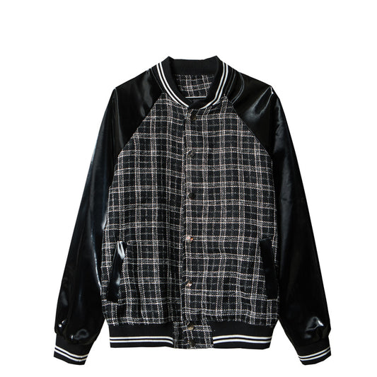 BLACK Urban style Loose Plus Size Leather Plaid Baseball Jacket