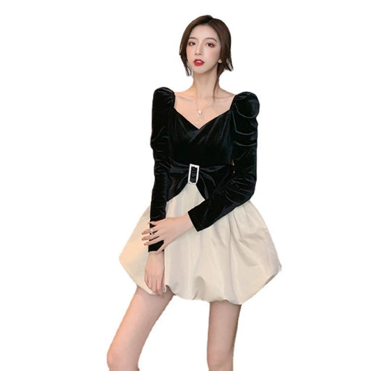 Back Puff Sleeve Stitching Gold Velvet Dress
