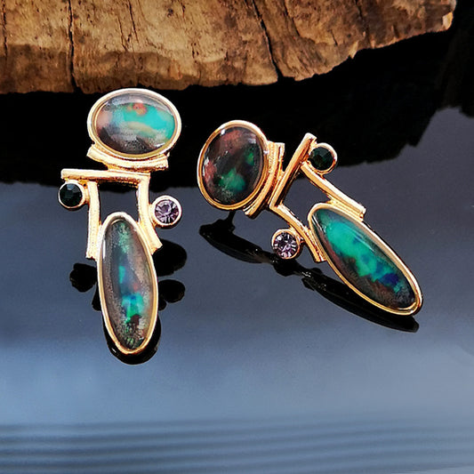 Vintage Gold Color Moonstone Opal Earrings Ladies Luxury Purple Green Crystal Personality