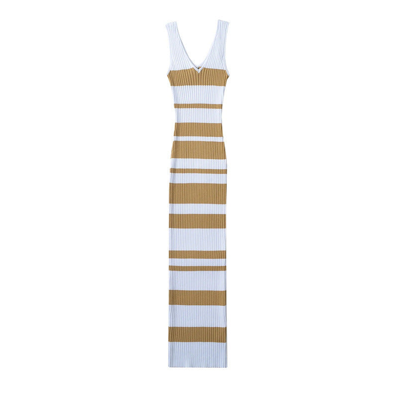 European And American Hot Girl Double V-neck Color Sleeveless Knitted Dress Intellectual Elegant Skinny Sheath