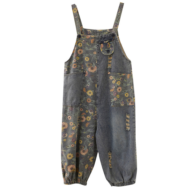 Women's Retro Nostalgic Print Ripped Denim Overalls