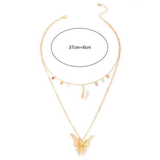 Simple Retro Ethnic Butterfly Shell Color Beads 2 Layer Necklace