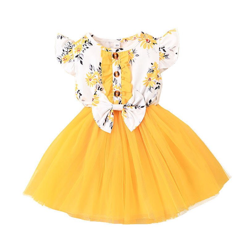Baby Girl Printed Mesh Dress Sweet And Cute Flying Sleeves