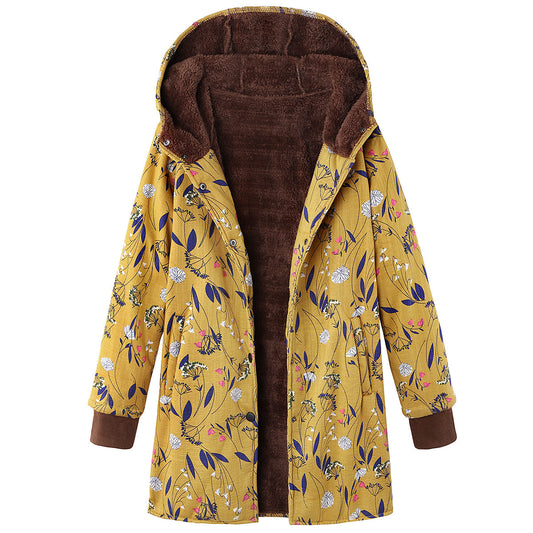 Retro flower print plus size hooded jacket top