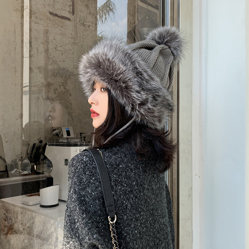 All-match Cute Woolen Knitted Ear Caps Plus Velvet Thick Winter Lei Feng Hat
