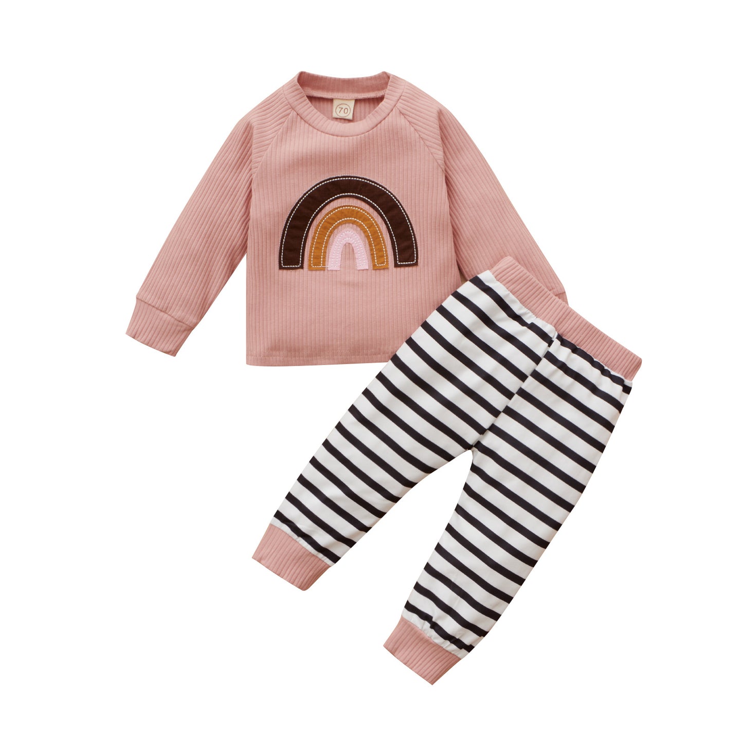 Girls' Sports Long-sleeved Pullover Without Hood Rainbow Cotton Sweater And Trousers Suit