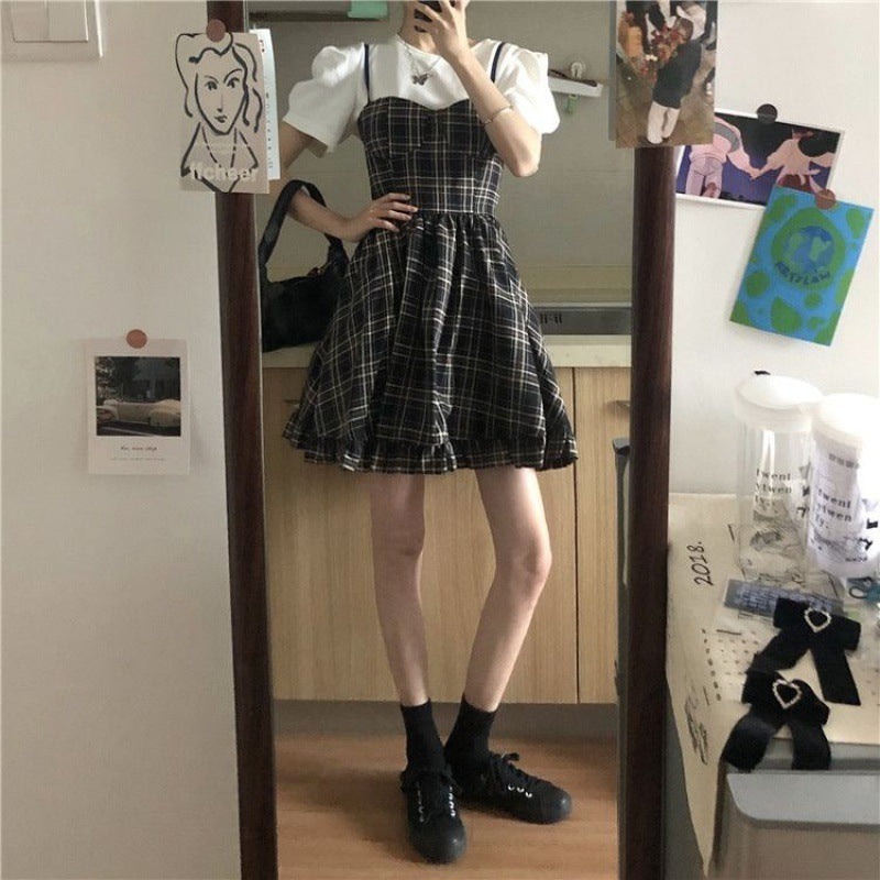 Lolita Skirt Korean Sweet And Cool Girl Plaid Suspender Dress Was Thin Waist Skirt