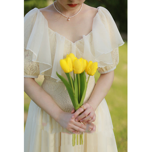 French Retro Light Wedding Puff Sleeve Lace Dress