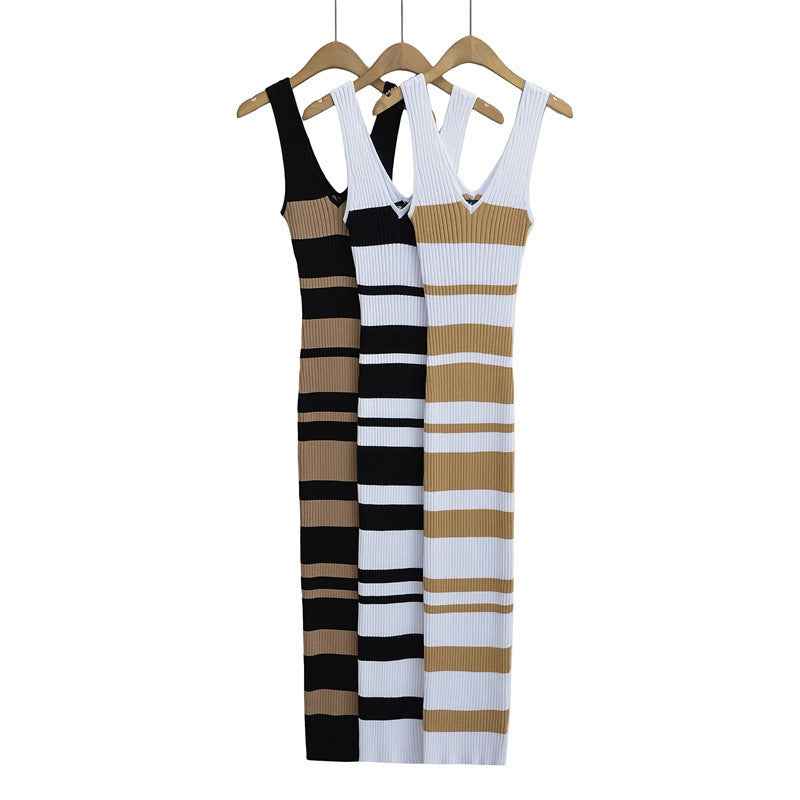 European And American Hot Girl Double V-neck Color Sleeveless Knitted Dress Intellectual Elegant Skinny Sheath