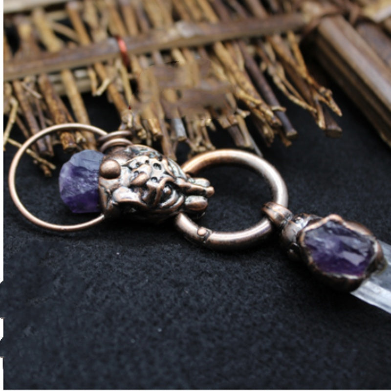Personality Exaggerated Bull Head Jewelry Crystal Column Amethyst Necklace Pendant