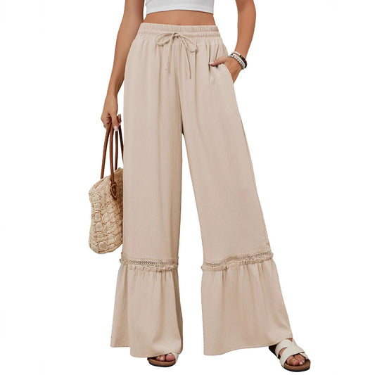 Solid Color High Waist Casual Pants Women's Drawstring Wide Leg Pants