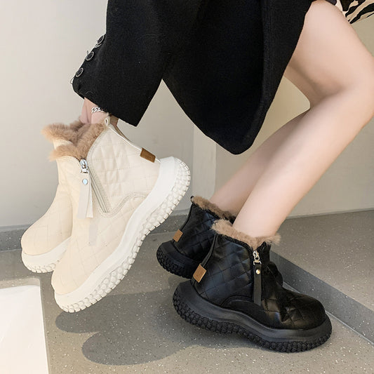 Women's Plus Velvet Thickened Back Zipper Round Toe Short Tube Snow Boots