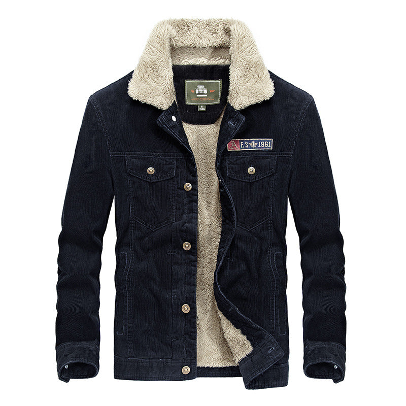 Stand collar corduroy men's loose large size jacket plus velvet thick coat