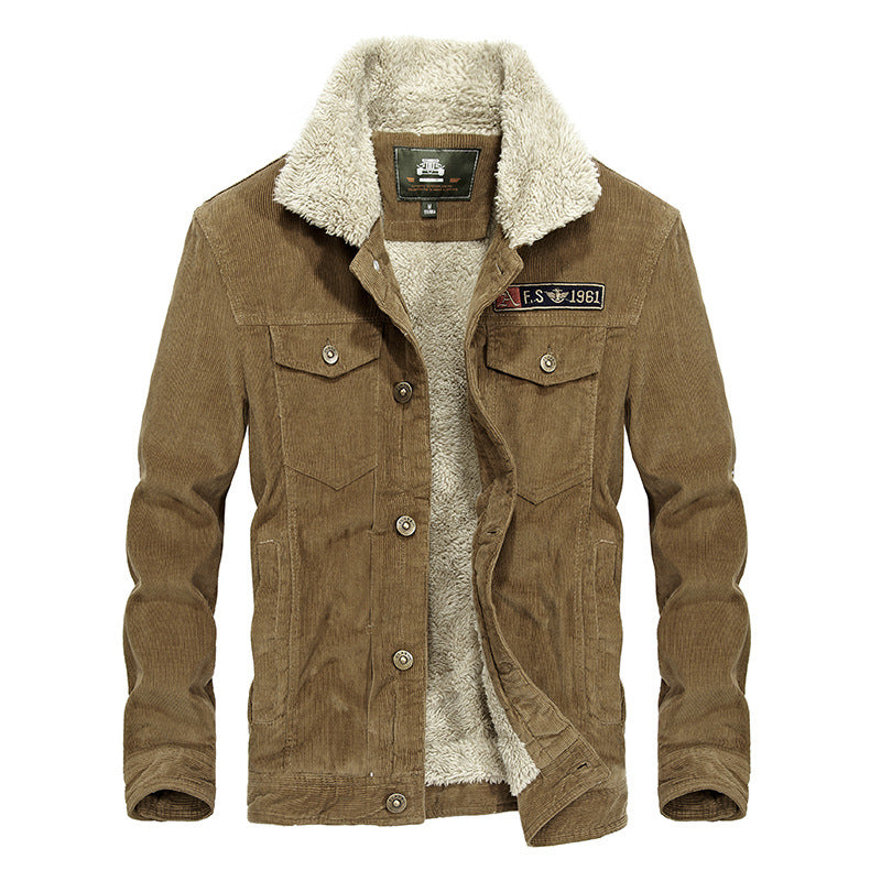Stand collar corduroy men's loose large size jacket plus velvet thick coat