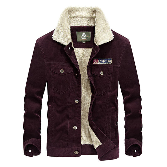 Stand collar corduroy men's loose large size jacket plus velvet thick coat