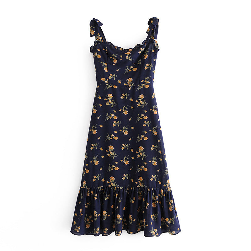 French Girl Retro Pastoral Small Floral Suspenders Slim Dress